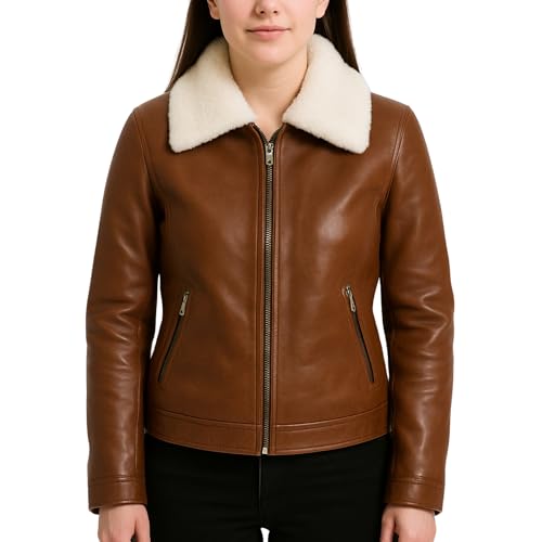 Women's Genuine Leather Jacket with White Faux Fur Collar – Brown Classic Bomber Style Soft Inner Lining