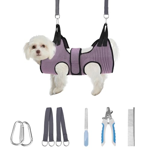 PAWCHIE Dog Grooming Hammock Harness for Dogs & Cats with Pet Nail Clipper Trimmer- Breathable Cat Hanger Sling for Trimming Clipping Nails-Dog Hammock Restraint Bag for Small Medium Large Dog,Pink XS