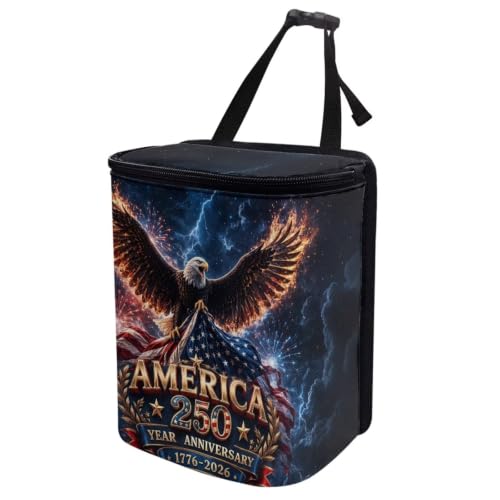 Image of American 250th Car Hanging Trash Can Eagle Patriotic Garbage Can with Adjustable Straps Universal Car Accessories Interior for SUV Trucks