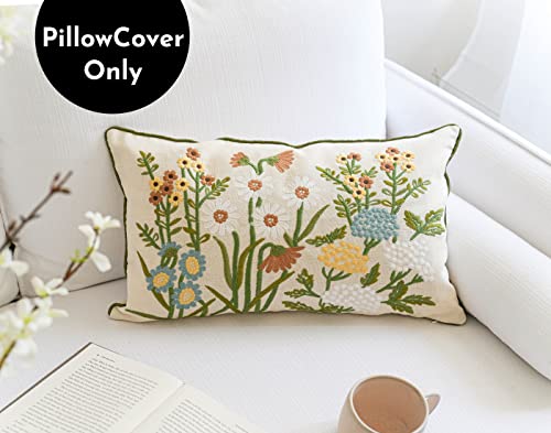 Blissblush Farmhouse Floral Linen Lumbar Pillow Cover 12X20, Embroidery Lumbar Pillow Cover, (2 Pack, Cover Only) #TOP2