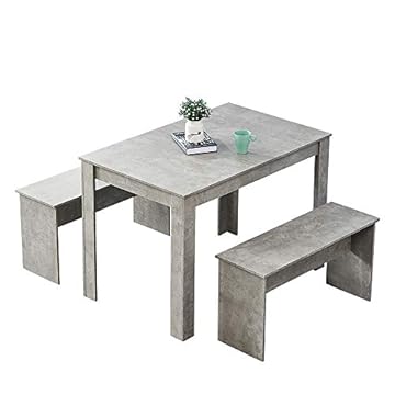 Huisen Furniture Wooden Dining Table and 2 Benches Grey for Kitchen 3 Piece Small Dinette Table and Chairs Set with 4 People Small Apartment