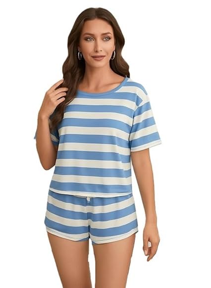 sovian Women's Striped Loungewear Set, Short Sleeve T-Shirt and Shorts, Blue and White Satin Fabric-picture-0