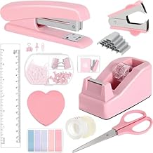 Pink Office Supplies Set Desk Accessories Kit Include Stapler,1000pcs Staples,Stapler Remover,Clips,Tape,Tape Holder,Scissor,Ruler and Tabs