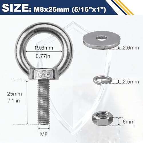 Image of 8 Pack M8 Stainless Steel Eye Bolts with Nuts, 5 /16 inch x 1 inch Eye Bolts | 304 Stainless Steel Eye Bolt,Eye Bolts Heavy Duty for Hang Tie Down Outdoor,m8 eye bolt,Long Lifting Ring Eye Bolt