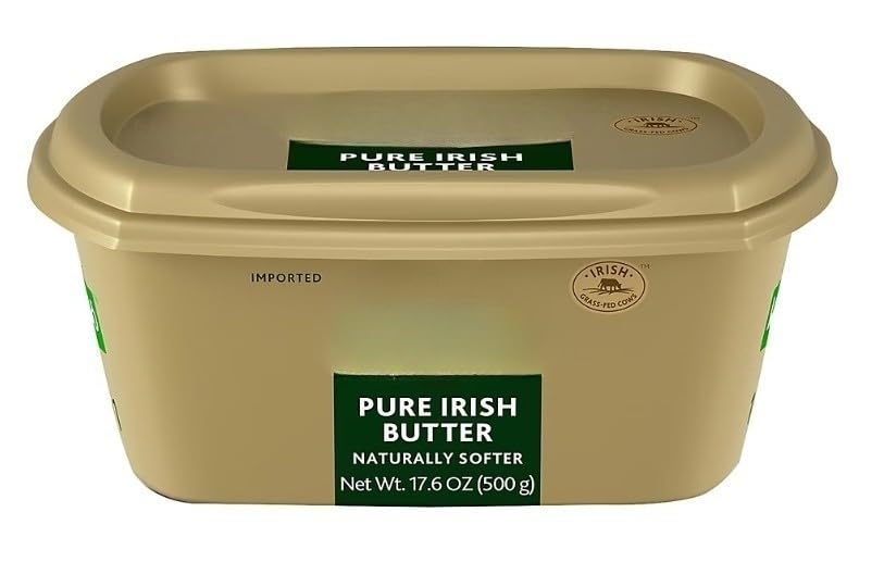 Pure Irish Salted Butter Tub , A special process to gently churn this summer milk to create a softer, more spreadable natural butter , the flavor is creamy, the color remarkably golden, and the all-natural butter is hormone-free. Spread on the outside of soft bread and cheese sandwiches and grill. Or make your own savory spreadable with lime and chili powder and top a flatiron steak or grilled corn in the husk. [ 17.6 oz , 1.1 lb ]