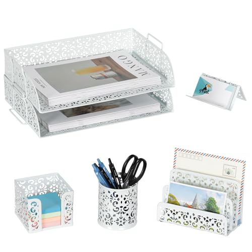 EasyPAG Desk Organizers and Accessories 5 Pieces Office Supplies Set - 2 Tier Paper Tray, Pencil Organizer for Desk, Mail Sorter Countertop, Business Card Holder and Sticky Note Holder, White