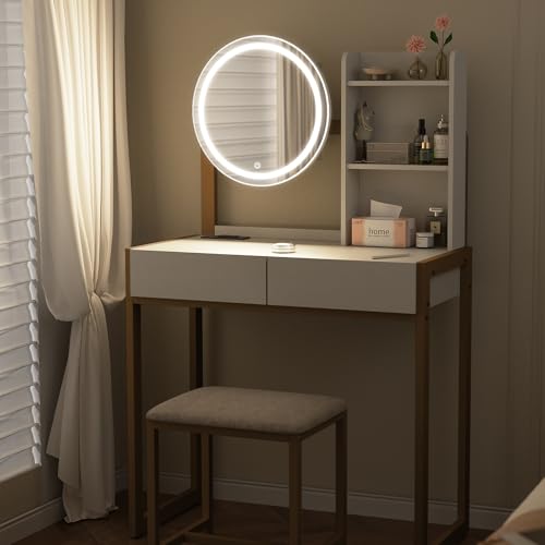 Image of Small Vanity Desk with Mirror and Lights, Makeup Vanity Table with LED Mirror, 3 Lighting Modes, Power Outlet, Drawer, Open Shelves and Cushioned Stool for Bedroom (Gold)