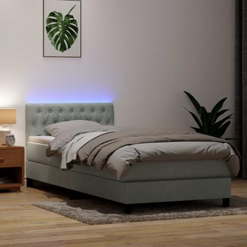 Mokuyary Cama con somier con colchón y LED, color gris claro, 80 x 210 cm, estructura de cama de terciopelo, cama con somier, plataforma, marco de cama, fácil montaje para dormitorio, habitación de