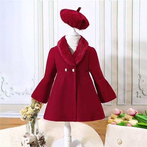 Kids Girls Fall Winter Outfits Toddler Trench Coat Long Sleeve Dress Coat with Beret Hat Set 2Pcs Warm Clothing Set2