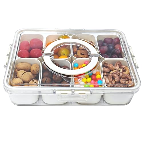 Divided Serving Tray with Lid & Handle - Snackle Box Container Organizer for Fruit, Candy, Nuts,Snacks - 8 Compartments Serving Platter for Picnic, Party, and Travel