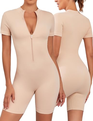 Voqeen Mono de Mujer Deportivo Corto Elegante Monos de Yoga Ajustado Sexy Jumpsuit Manga Corto con Cremallera Elásticos Fitness Overol de Una Pieza Deporte de Punto Acanalado