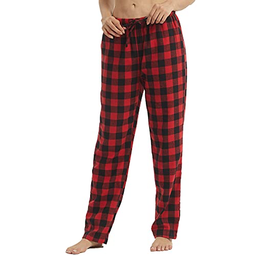 YUSHOW Schlafanzughose Damen Lang Flanell Baumwolle Karierte Pyjamahose Winter Weich Nachtwäsche Hose Freizeithose mit Taschen und Kordelzug, Rot Schwarz Kariert Größe S