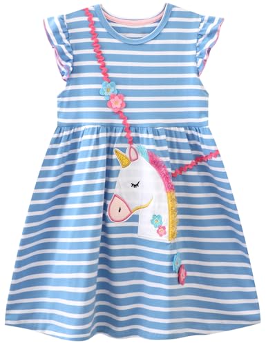 FreeLu Toddler Girls Cute Dress Unicorn Embroidery Stripes Dress Cotton Sleeveless Playwear(Unicorn Stripes,4T)