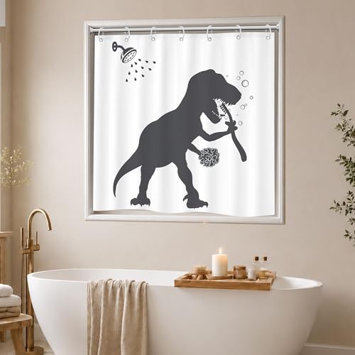 Image of Funny Dinosaur Shower Curtain Bathroom Set 40Wx36L Inches Short Small for Kids Boys Trex Raptor Silhouette Fun Cartoon Black and White Bath Accessories Animal Shadow Art Home Decor Fabric 7
