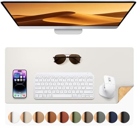 Aothia Dual-Sided Desk Pad - Leather Desk Mat, Natural Cork Desk Pad Protector, Large Mouse Pad for Desk, Waterproof Desk Blotter Pad, Desk Writing Pad for Office Work/Home, Off-White (23.6"x13.7")