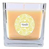 hs candle - candela profumata con scritta vaniglia in vetro quadrato, 190 g, durata circa 50 ore, in confezione regalo