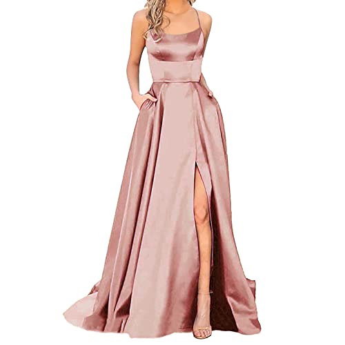 Robe de soirée longue pour femme - Robe de bal élégante dos nu - Robe de soirée spaghetti en satin - Fente latérale - Robe de bal de mariage avec poches - Robe de cocktail unie, rose gold, L Robe de soirée longue pour femme - Robe de bal élégante dos nu - Robe de soirée spaghetti en satin - Fente latérale - Robe de bal de mariage avec poches - Robe de cocktail unie, rose gold, L