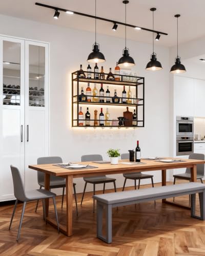Modern LED Wine Rack Wall Mounted with Bottle Glass Holder, 100 cm 3-Tiers Metal Liquor Floating Shelves, Wall Bar Shelf for Home, Commercial Bar, Kitchen Storage Display, Black - Image 6