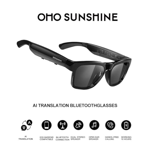 Image of OhO sunshine Smart Glasses,128G MP3 Bluetooth Sunglasses with Open Ear Speaker,AI Language Smart Glasses Translator Headset 166 Language Translation,Photochromic Lenses,