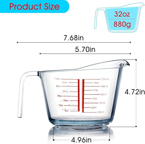 Image of Incrizma 1000 ml Glass Measuring Cup, Heighten Spout for Easy Pouring Measuring Glass, Clear with Red Measurements