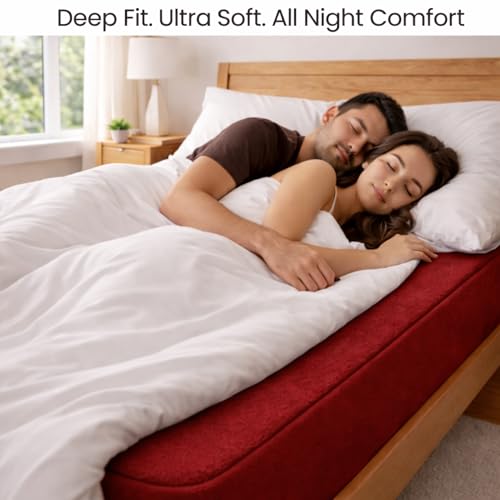 Image of Mattress Protector King Size, Terry Cotton Waterproof Bed Protector King Size, 78x72x8 Inch, Breathable Noiseless Ultra Soft, Elastic Fitted Mattress Cover | Bed Cover (Red)