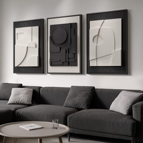 Large 3D Textured Framed Black and White Abstract Wall Art for Living Room, 3 Piece Modern Artwork...