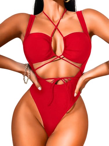 Cutout One Piece Swimsuit,Plunge High Cut Thong Sexy Monokini Bodysuit,Rave Outfit for Women Festival Pool Party