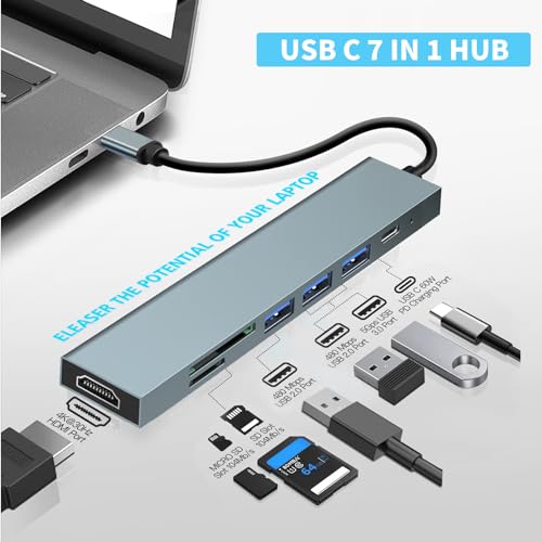USB C Hub 7 in1 Multiport Adapter with USB-C to 4K HDMI, SD/TF Card Reader/1*USB 3.1/2*USB 2.0/1*Type C 100W Power Delivery, Compatible with MacBook Pro 2022/2021/2020/2019, Surface Book More