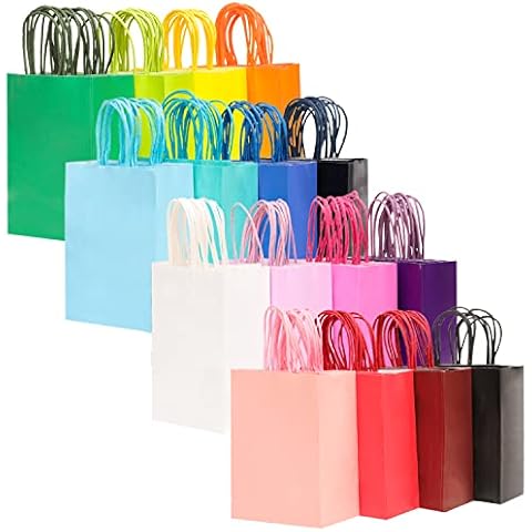 qiqee 32-Packs Paper Bags with Handles Bulk 7.6"x4.75"x10.5" Medium Gift Bags 16 Different Senior Color Bags Multiple Uses（Medium Size） Cover