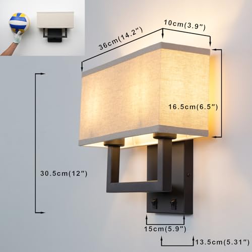 Image of Yosoan Linen Fabric Boho Wall Sconce Bedside Light with On Off Switch, 2-Light Finished Hardwired Vintage Industrial Dual Wall Mount Lamp Lighting Square Shade for Bedroom Living Room Stairwell(Black)