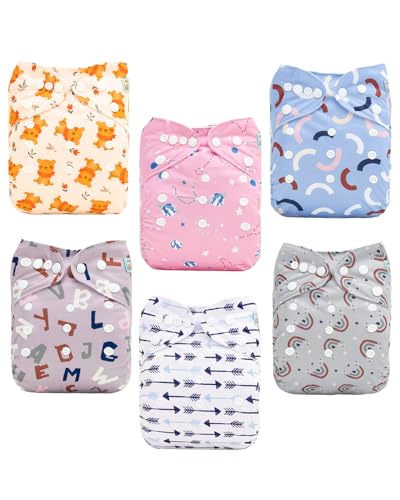 Image of ALVABABY Baby Cloth Diapers 6 Pack with 12 Inserts Cloth Diaper Covers Adjustable Washable Reusable for Baby Girls and Boys