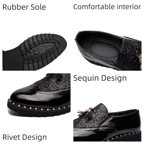 Men's Patent Leather Slip On Sequin Two Tone Rivet Wing Tip Brogue Oxford Shoes Shine Luxury Tassels Low Top Loafers for Party Nightclub Perform Socialize2