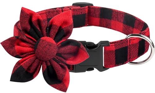 Malier Christmas Dog Collar with Bow tie, Classic Buffalo Plaid Dog Collar with Buckle Adjustable Collar for Small Medium Large Dogs Puppy (M, Red & Black Plaid)