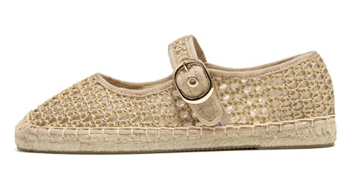 U-lite Women's Mesh Mary Jane Flat Espadrilles Woven Espadrille Outsole Canvas Fishnet Summer Ballet Flats Shoes