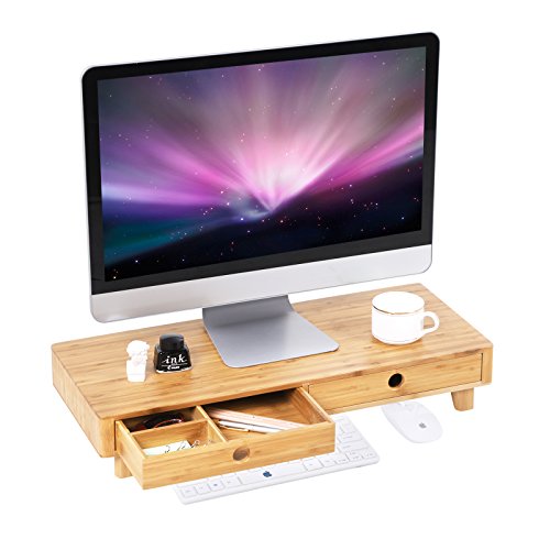 SONGMICS Bamboo Wood Monitor Stand Computer TV Riser with 2 Drawers Laptop Printer Stand Desktop Container with Storage Natural ULLD701NL