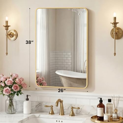 Image of NEWBULIG 26X38 Inch Bathroom Mirror, Rectangle Wall Mirror with Rounded Corners, Gold Vanity Mirrors for Bathroom Sink with Metal Frame for Bedroom, Entryway, Hangs Horizontally or Vertically