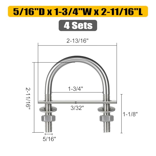 Image of 4 Sets Round U Bolts, u-Bolts 1-3 /4 Inch Wide, 304 Stainless Steel U Bolt,with Nuts,Bolt Plate and Washers for Boat Trailer Tube(5 /16 inch D x 1-3 /4 inchW x 2-11 /16 inchL)