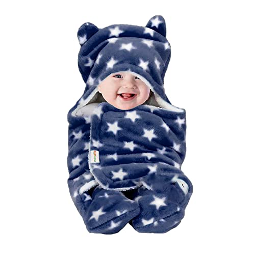 OYO BABY Ultra-Soft Baby Swaddle Wrap Blanket with Hood & Booties – Warm Fleece Sleeping Bag for Newborns (0–6 Months 72 * 68 cm) – Star Print, Dark B