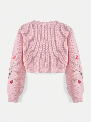 MakeMeChic Women's Strawberry Embroidery Lantern Sleeve V Neck Button Down Cardigan Knit Tops2