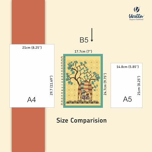 Image of VESTTA -ELEGANCE REDEFINED, B5, Hard Bound Notebook Diary, 7(L) X 9.75 (H) Inches, Gold Wiro Binding, Undated, 90 GSM paper, 192 Ruled Pages (Madhubani Folk Art Series 2)