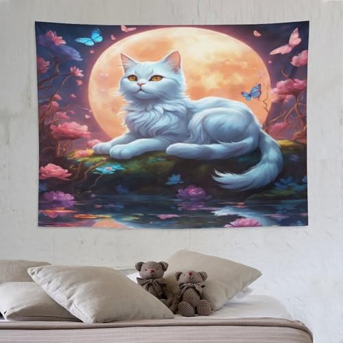Tenture murale chat ciel étoilé 150x200cm pour habiller un mur vide sans peindre
