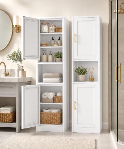 Image of Tall Narrow Pantry Cabinet for Kitchen, 67 inch H Metal Storage Cabinets with Doors and 3 Adjustable Shelves for Dining Room, Living Room and Home Office (16 inches Wide White)