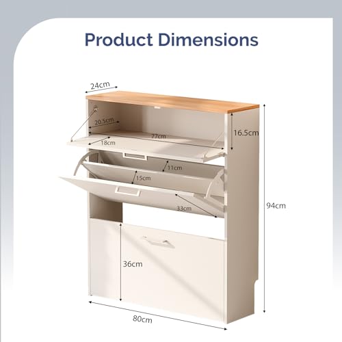 LEADZM Schuhschrank Schmal,Schuhkipper mit 2 Flip-Schubladen Schuhregal mit 1 Schubladen für den Eingang, Flur, Wohnzimmer 80 x 24 x 94 cm (Weiß)