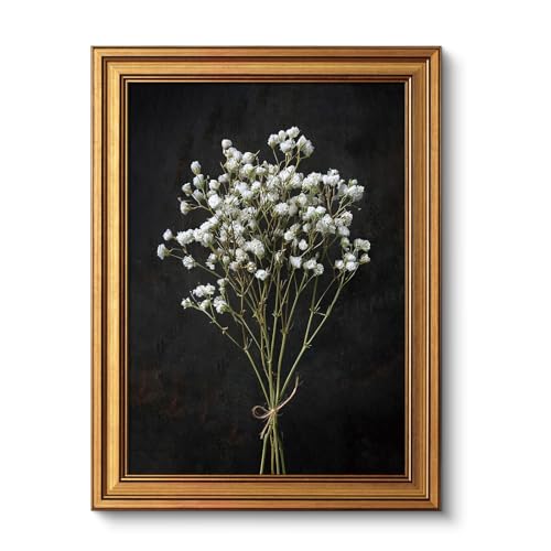 VIYYIEA Vintage Gold Framed Wall Art, Retro Dark Dried Wildflower Canvas, Aesthetic Classic Botanical Baby Breath Bouquet art, Victorian Wall Decor for Gallery Living Room Bathroom, 12x16inch by VIYYIEA - Used condition - US$18.21