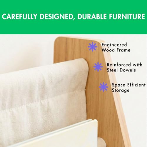 Image of Humble Crew 4-Tier Kids Bookshelf, Natural /White - Premium Book Shelf for Kids Rooms with Four Deep Pockets - Toddler Sling Book Rack with Deep Sleeves, Nursery Bookcase Organizer