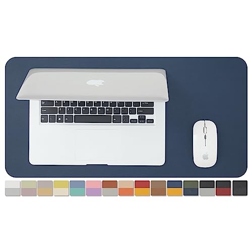 コンパクトな両面レザーデスクマット - Sサイズ 耐水デスクパッド オフィスやご家庭に - 机の上で大きなマウスパッド/小さなデスクマットとして使用するのに最適（ダークブルー + イエロー 60cm×30cm）