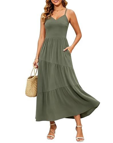 Kranda Summer Dresses for Women 2026 Sleeveless Strappy V Neck Long Beach Casual Spaghetti Strap Tiered Maxi Dress with Pockets,Olive Green S