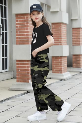Image of Betusline Girls 2 Piece Outfits Short Sleeve Crop Top & Parachute Cargo Pants Set,4T-14 Years