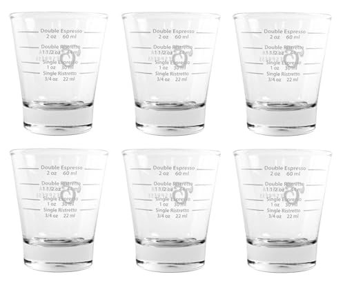 White Lined Espresso Shot Glass Measure for Coffee Espresso Machines - 85ml - by EDESIA ESPRESS - 6 Pack