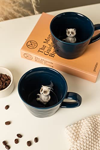 Image of DIHOclub Racoon Ceramic Cup Hidden 3D Animal Inside Mug,Cute Cartoon Handmade Figurine Mugs,Holiday and Birthday Gift for Coffee Milk Tea Lovers,12 OZ(Dark Blue)